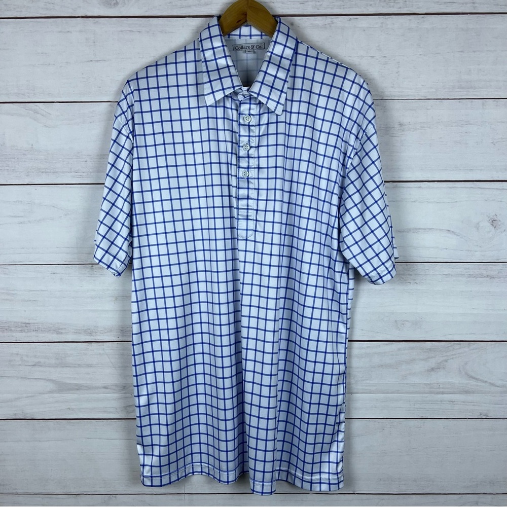 Collars & Co White & Blue Polo Short Sleeve Dress Shirt Mens XL